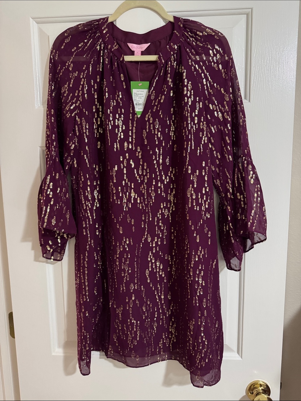 Lilly Pulitzer Plum Chiffon dress with Gold Metallic Dot Print